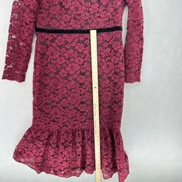 Maggy London Plum Wine Red Lace Fluted Midi Long Sleeve Dress Velvet Belt SZ 14 - Picture 7 of 9
